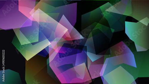 Abstract Dark Background with Vibrant Translucent Geometric Polygons and Colorful Crystalline Shapes.