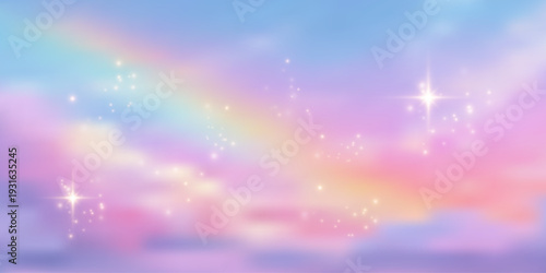 Dreamy rainbow background with glitter stars and pastel sky. Magical unicorn fantasy backdrop with sparkling gradients, perfect for princess-themed designs and rainbow fairy tales.