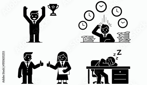 Stressed Businessman with Trophy Clock and Deadline Time Management Success Concept Flat Vector Illustration Set