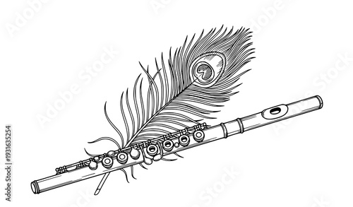 Peacock feather and flute line art minimalist cultural illustration