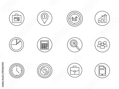 Business Icons Collection: A compilation of sleek, circular icons representing a variety of business-related concepts, perfect for enhancing design projects.