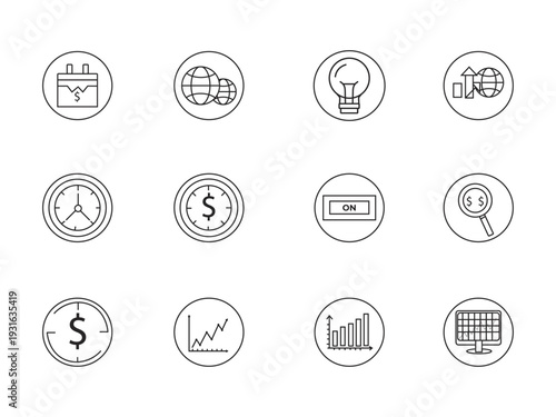 Business Icons: A collection of concise business icons, designed to symbolize diverse concepts of finance, strategy, and innovation. representing the core aspects of the business world.