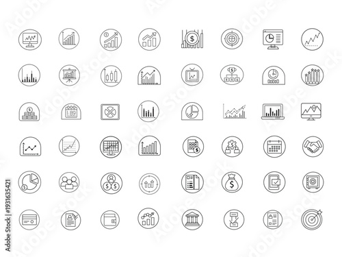 Business Icon Set: A comprehensive collection of circular line art icons, each representing various aspects of business, finance, and marketing, presented in a clean and organized grid format.