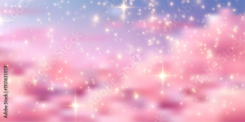 Dreamy pink glitter background with sparkling stars and cute unicorn magic. Pastel sky gradient creates fairy-tale atmosphere with rainbow bokeh light effects.