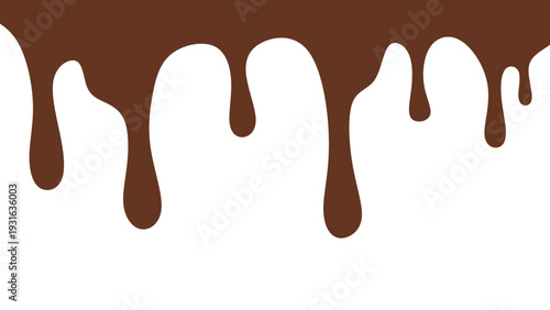 Melted chocolate or syrup drips isolated on a white background. Flowing liquid chocolate border element. A sweet brown syrup or sauce that melts and drips.
