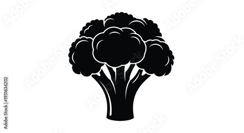 A stark black silhouette of a broccoli floret on a white background