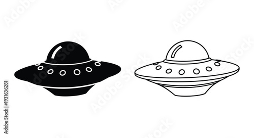 Two black and white illustrations of classic flying saucer shaped spacecraft