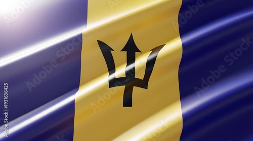 The national flag of Barbados, featuring a black trident on a golden field between two blue stripes, waving with a glossy texture.