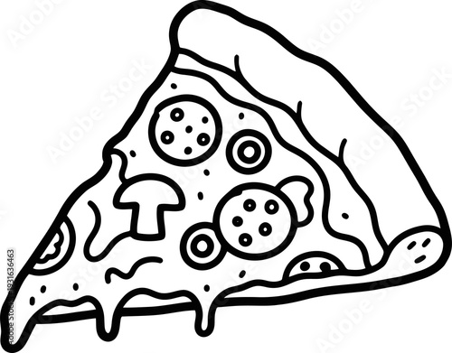 Black and White Outline Drawing of a Slice of Pizza with Pepperoni and Mushrooms