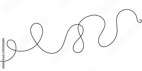 Abstract squiggle line drawing with flowing curves and wavy patterns, elegant thin black threads creating organic loops and tangles on white background
