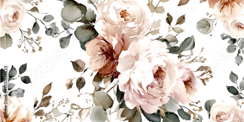 Watercolor roses and eucalyptus leaves form a seamless vintage botanical pattern with soft pink and beige blooms and muted green foliage on a clean white background