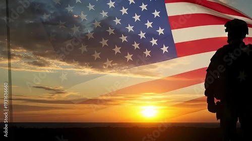 A soldier's silhouette stands against a vibrant sunset with a superimposed American flag, symbolizing patriotism and service.