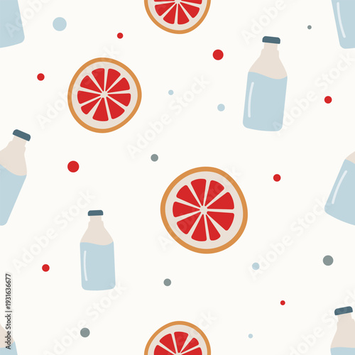 Organic football refreshments seamless pattern with orange slices and water. Hand drawn flat design soccer break background for kitchen textile and apparel.