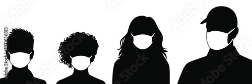 Black silhouettes of diverse people wearing white medical face masks, protective health measures, pandemic safety, community protection, and virus prevention icons.