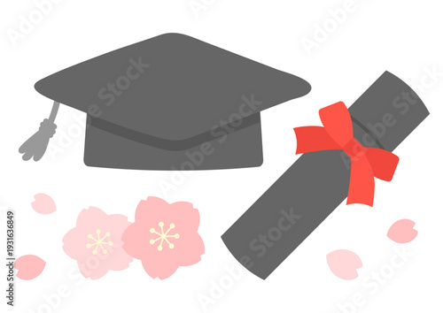 卒業式の帽子と卒業証書と桜の花のイラストセット