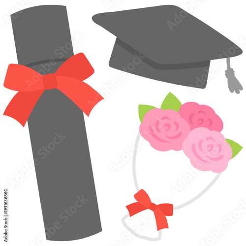 卒業式の帽子と卒業証書と花束