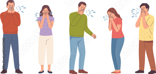 Vector illustration of diverse individuals crying with tears and emotional expressions, showing sadness, distress, grief, and emotional reaction scenes.