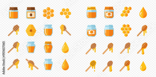 Collection of various honey-related icons including jars, honeycombs, dippers, and drops in a flat design style.