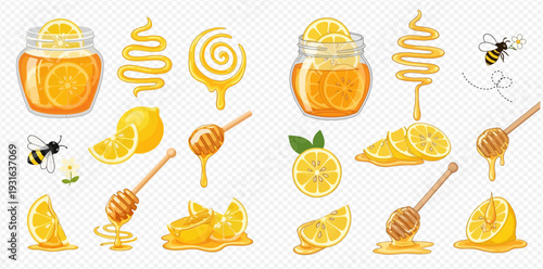 Collection of honey and lemon elements including jars, dippers, slices, and bees on a transparent background.