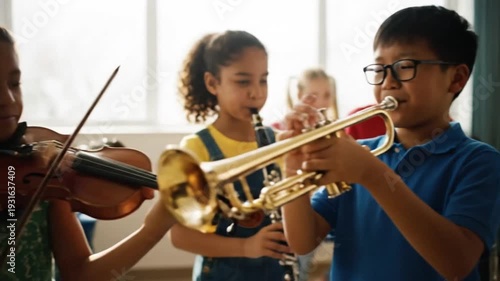 Diverse Group of Elementary School Children Playing Musical Instruments During Music Class in Bright Classroom