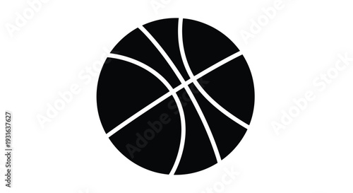 A black and white graphic illustration of a classic basketball