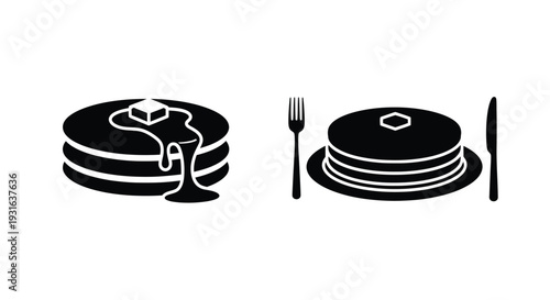 Black and white illustration of pancakes butter and cutlery
