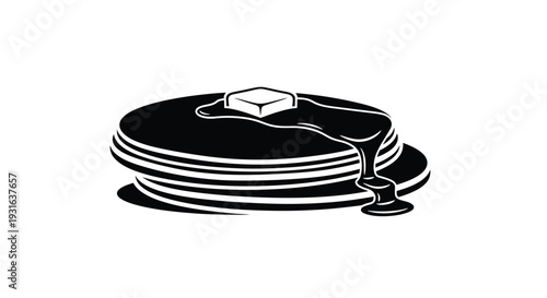 A stack of pancakes with melting butter and dripping syrup in black and white