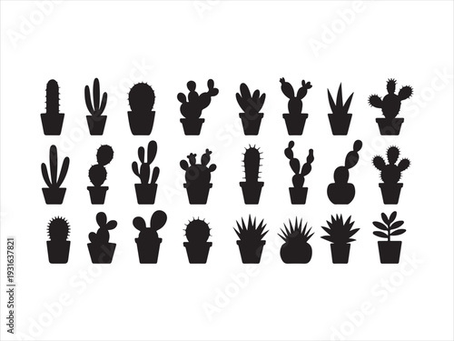 Cactus and Succulent Silhouette Icon Set Vector Illustration. A collection of black silhouette icons featuring various potted cacti and succulent plants vector art design