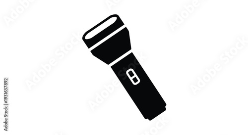 A simple black silhouette of a handheld flashlight on a white background