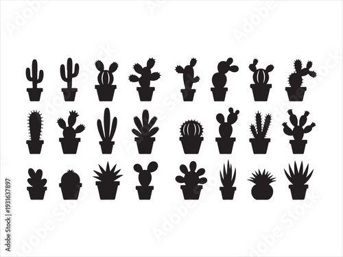 Cactus and Succulent Silhouette Icon Set Vector Illustration. A collection of black silhouette icons featuring various potted cacti and succulent plants vector art design