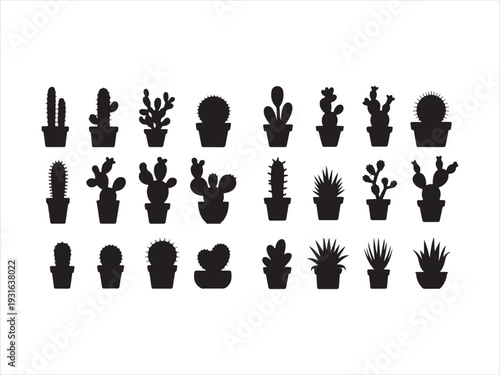Cactus and Succulent Silhouette Icon Set Vector Illustration. A collection of black silhouette icons featuring various potted cacti and succulent plants vector art design