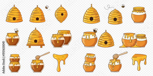 Cartoon honey beehives and jars with dripping golden honey vector illustration set.