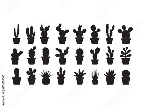 Cactus and Succulent Silhouette Icon Set Vector Illustration. A collection of black silhouette icons featuring various potted cacti and succulent plants vector art design