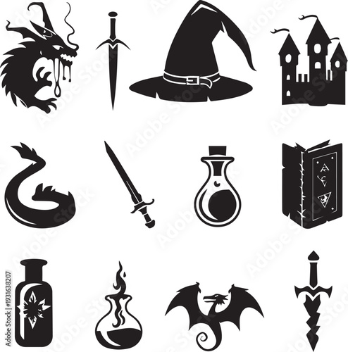 Assorted icons representing various activities and objects in black and white Vector