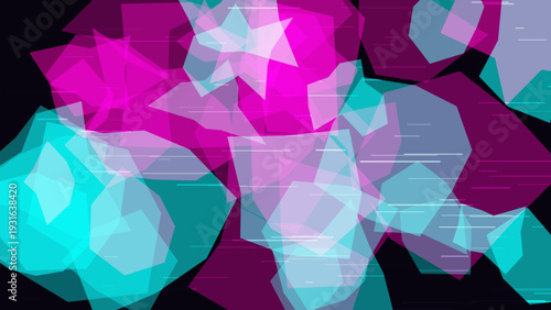 Abstract Cyber Glitch Background with Pink and Teal Crystalline Polygons and Horizontal Scan Lines.