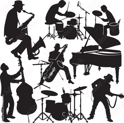 Silhouettes of musicians playing various instruments on a stage Vector