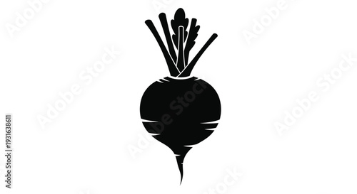 A minimalist black silhouette depicting a fresh beetroot with leafy greens