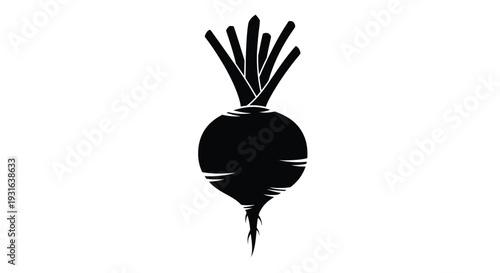 Simple black silhouette of a beet with leafy greens above