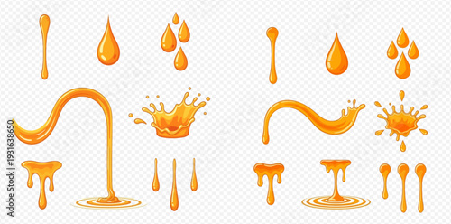 Set of realistic honey drops, splashes, and flowing liquid elements on transparent background.