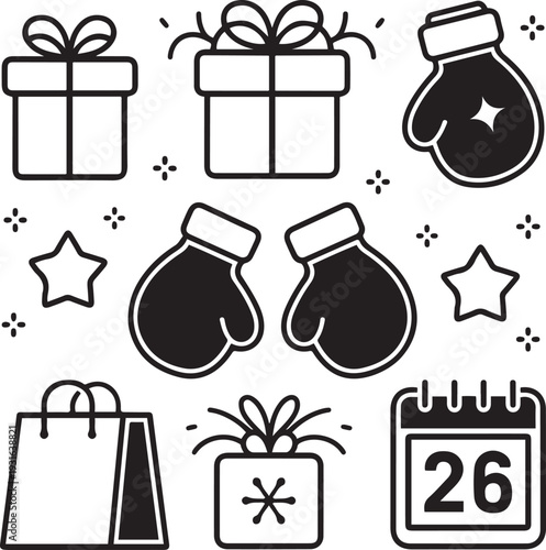 Boxing Day Vector Icons Gifts, Gloves, Shopping Bags And Holiday Calendar Set