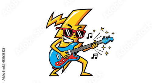 Cartoon Lightning Bolt Rock Star Playing Electric Guitar with Sunglasses