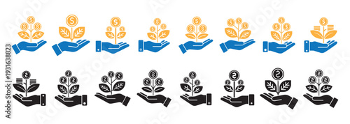 Financial investment growth icon set with money tree and dollar coins in hand. Business profit, wealth management, and savings collection vector illustration eps