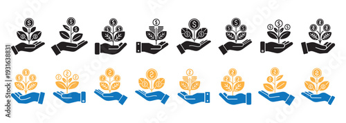 Set of money plant icons representing capital gains, startup funding, and economic progress. Financial stability and budget planning symbols in flat style illustration