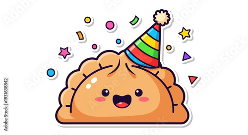 Kawaii Dumpling Character Wearing Party Hat with Confetti