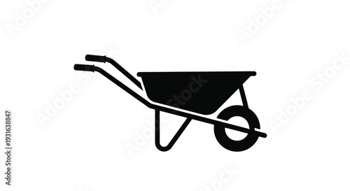 Simple black silhouette of a wheelbarrow on a white background