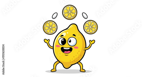 Happy Cartoon Lemon Juggling Slices and Droplets