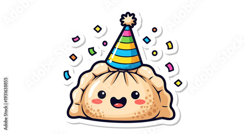 Cute Dumpling Character Wearing Party Hat and Confetti
