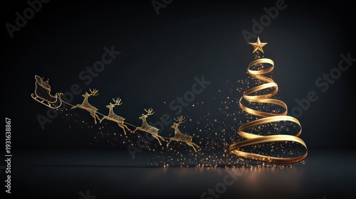 Golden Christmas Tree with Sparkling Ribbon and Reindeer Silhouette on Dark Background
