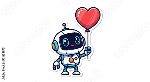 Cute Robot Holding a Red Heart Balloon, AI Love Concept