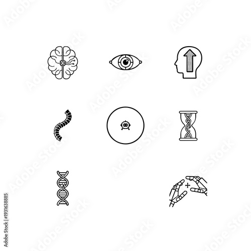 Humanity 2.0 and transhumanism linear icon set, cybernetic implants, brain-computer interface and digital consciousness vector symbols